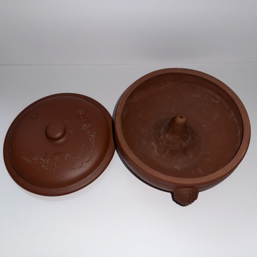 Vintage CHINESE YIXING CLAY STEAMER Lidded COOK POT Calligraphy Approx 8.5"